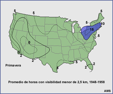 Promedio de horas con visibilidad menor de 2,5 km en primavera, 1948-1958