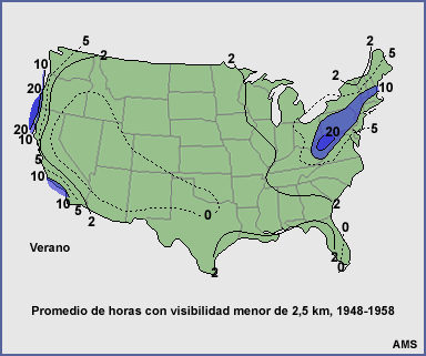 Promedio de horas con visibilidad menor de 2,5 km en verano, 1948-1958