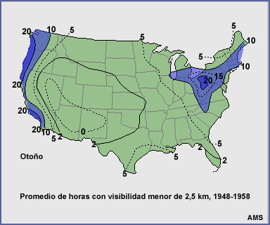 Promedio de horas con visibilidad menor de 2,5 km en otoño, 1948-1958
