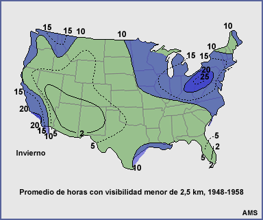 Promedio de horas con visibilidad menor de 2,5 km en invierno, 1948-1958