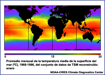 Promedio mensual de la temperatura media de la superficie del mar (ºC), 1968-1996, del conjunto de datos de TSM reconstruido: enero
