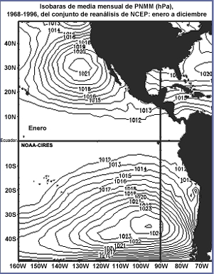 Isobaras de media mensual de PNMM (hPa), 1968-1996, del conjunto de reanálisis de NCEP: enero