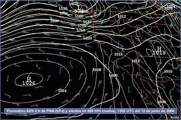 Pronóstico AVN 0 h de PNM (hPa) y vientos en 850 hPa (nudos), 1200 UTC del 12 de junio a 1200 UTC del 14 de junio de 2000