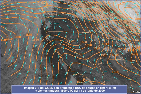 Imagen VIS del GOES con pronóstico RUC de alturas en 850 hPa (m) y vientos (nudos), 1500 UTC del 13 de junio de 2000