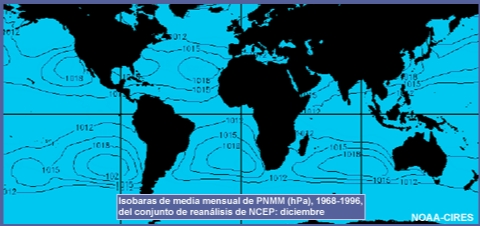 Isobaras de media mensual de PNMM (hPa), 1968-1996, del conjunto de reanálisis de NCEP: enero