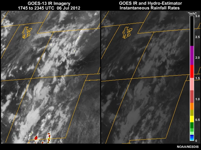 A GOES-13 2-panel animation showing color enhanced infrared imagery (left panel) and infrared with NOAA-NESDIS Hydroestimator instantaneous rainfall rate product overlay (right panel) of developing convection over the mountainous terrain in the Southwest U.S. from 1745 to 2345 UTC on July 6, 2012.