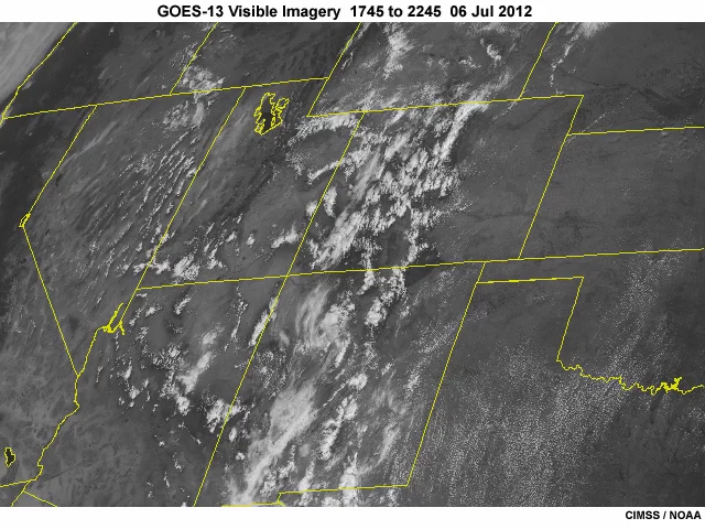 A GOES-13 visible imagery animation of developing convection over the Southwest U.S. from 1745 to 2245 UTC on July 6, 2012.
