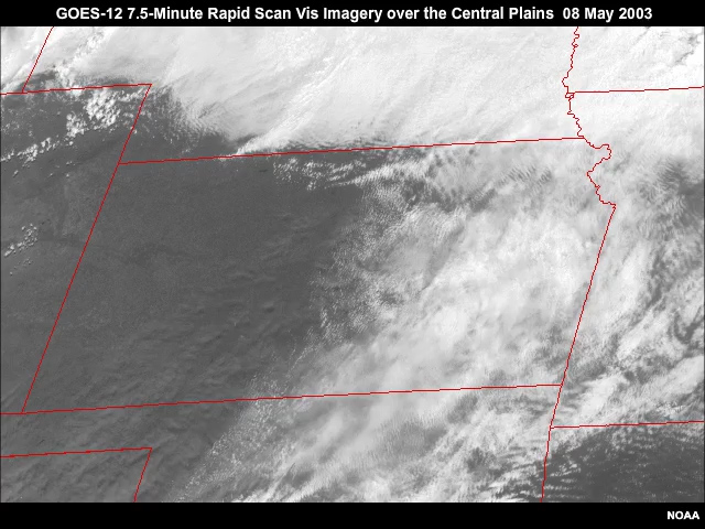 GOES-12 visible imagery 7.5 minute rapid scan animation showing convection developing in advance of cold front and dryline over the Central Plains Region during the afternoon hours of 8 May, 2003.