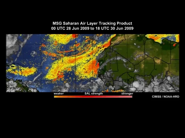 SAL tracking product produced using Meteosat-9 data showing the Saharan air layer moving across the Atlantic Ocean from 28 to 30 June 2009.