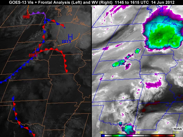 GOES-13 routine 15-minute visible and water vapor imagery with frontal analysis overlay showing the preconvective environment across the Central Plains states during the morning hours from 1145 to 1615 UTC on June 14, 2012.