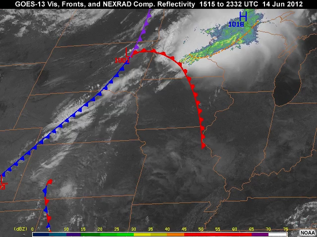 GOES-13 routine 15-minute visible and water vapor imagery with frontal analysis overlay showing the preconvective environment across the Central Plains states during the morning hours from 1145 to 1615 UTC on June 14, 2012.