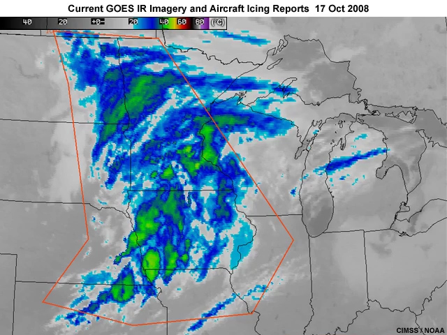 A GOES-12 animation of infrared window channel imagery with icing AIRMET boundaries and PIREP aircraft icing reports overlain, for 0945 to 1731 UTC on October 17, 2008.