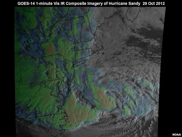 A one hour animation of GOES-14 composited visible and infrared 1-minute interval imagery taken prior to landfall of hurricane Sandy along the Mid-Atlantic coastline of the U.S. from 12:00 to 13:10 UTC on October 29, 2012.