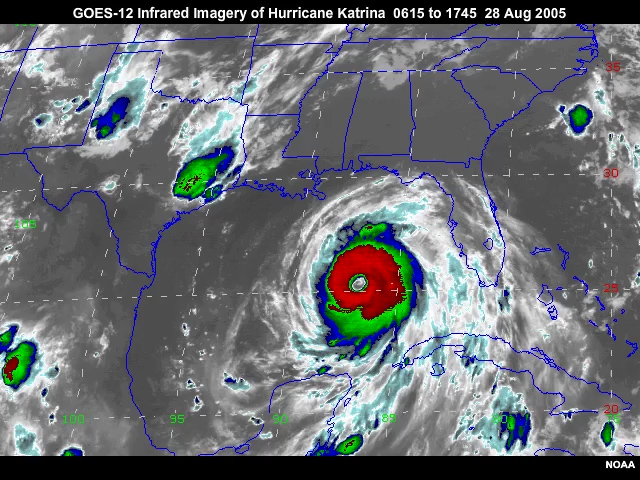 A GOES-12 10.7 micrometer infrared imagery animation of hurricane Katrina over the Gulf of Mexico as the storm approaches maximum intensity from 0615 to 1745 on August 28, 2005.