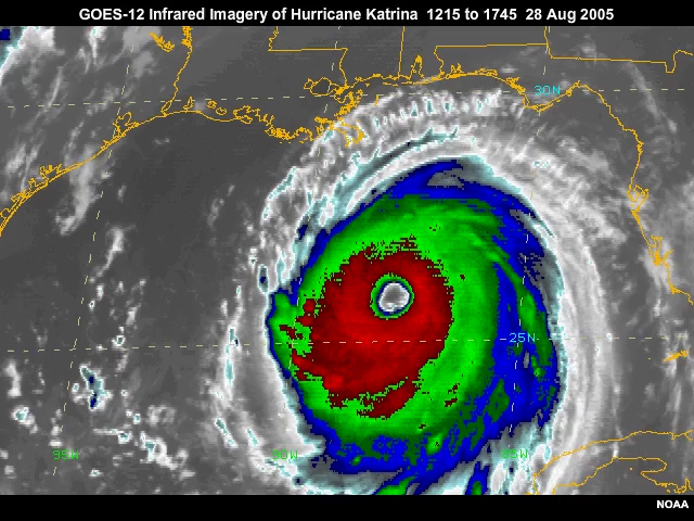 A GOES-12 full resolution 4km 10.7 micrometer infrared imagery animation of hurricane Katrina over the Gulf of Mexico as the storm approaches maximum intensity from 1215 to 1745 on August 28, 2005.