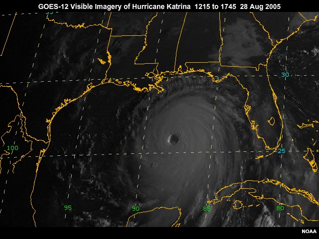 A GOES-12 visbile imagery animation of hurricane Katrina over the Gulf of Mexico as the storm approaches maximum intensity from 1215 to 1745 on August 28, 2005.