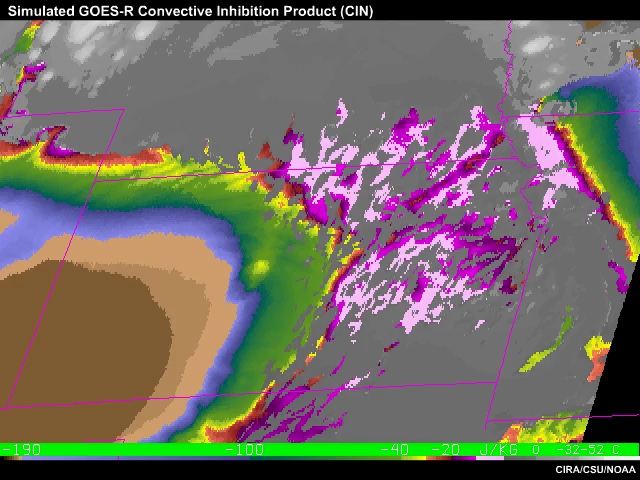 Animation of simulated GOES-R Convective Inhibition (CIN) for a thunderstorm event on May 25, 2000 over Kansas.