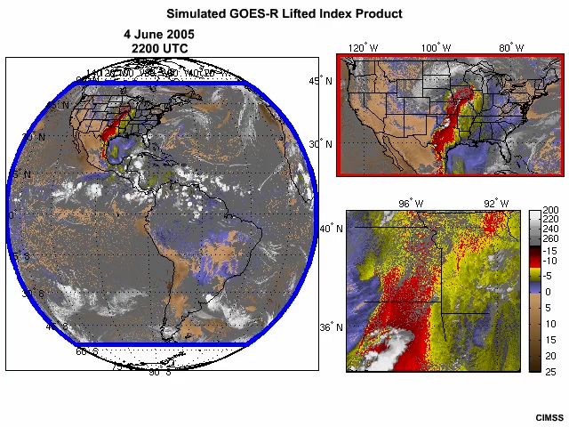 Simulated GOES-R lifted index derived product imagery comparing full disk, Conus, and mesoscale sector coverages and update rates for a two period on June 4, 2005.