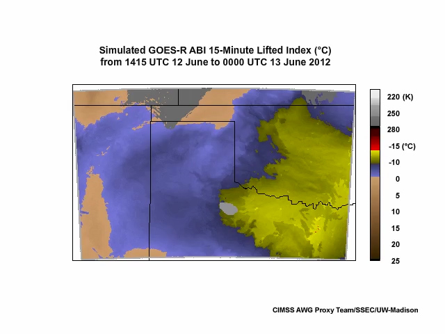 Simulation of GOES-R ABI Lifted Index from 1415 UTC 12 June 2012 to 0000 UTC 13 June 2012