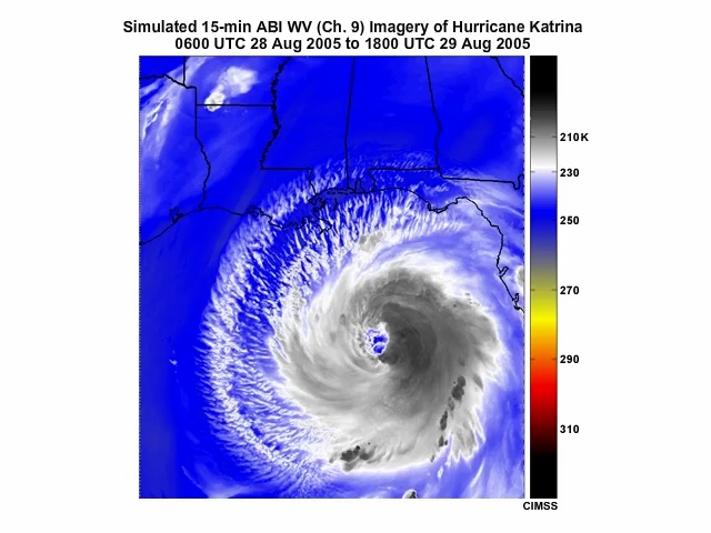 Animation of simulated ABI 6.95 micrometer (channel 9) water vapor imagery showing Hurricane Katrina from 0600 UTC 28 Aug 2005 to 1800 UTC 29 Aug 2005.
