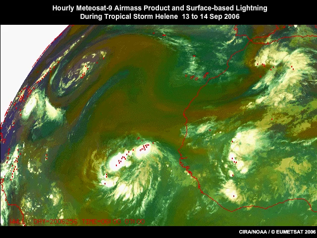 Hourly animation of the Meteosat-9 SEVIRI airmass RGB product and surface based lightning during tropical storm Helene from 13 to 14 September, 2006.