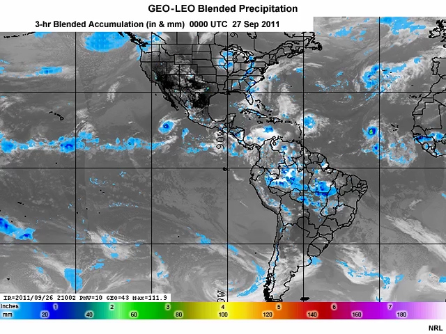 Three-hourly blended geostationary and polar-orbiting satellite rainfall accumulation product animation every three hours from 00 to 00 UTC, September 27 to 28, 2011.