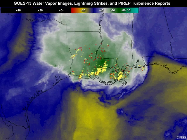 GOES-13 Water Vapor Images, Lightning Strikes, and PIREP Turbulence Reports