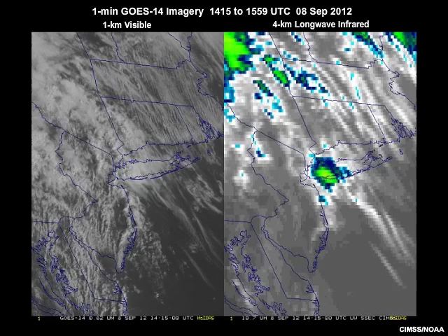 Animation of 1-minute GOES-14 visible and longwave infrared channel imagery during the New York City tornado event from 14:15 to 15:59 UTC on September 8, 2012.