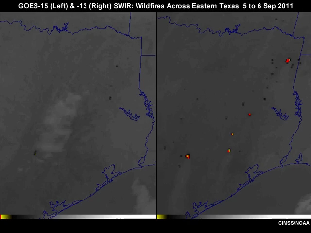 Animation of the 3.9 micrometer shortwave IR channel on GOES-15 and GOES-13 showing wildfires across eastern Texas from 5 to 6 September, 2011.