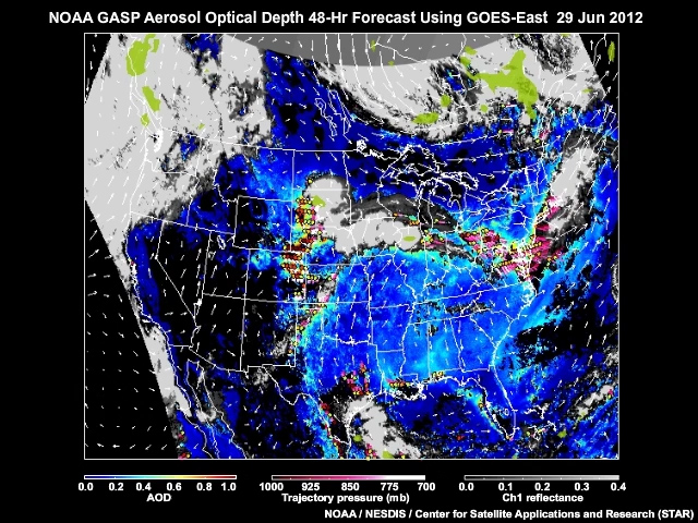 A 48-hour forecast of aerosol optical depth and trajectories based on blending satellite and ground-based measurements, meteorological observations, and computer modelling produced on June 29, 2012.