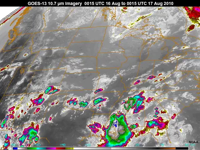 24 hour animation of GOES-13 10.7 m imagery from 0015 UTC 16 Aug 2010 to 0015 UTC 17 Aug 2010.