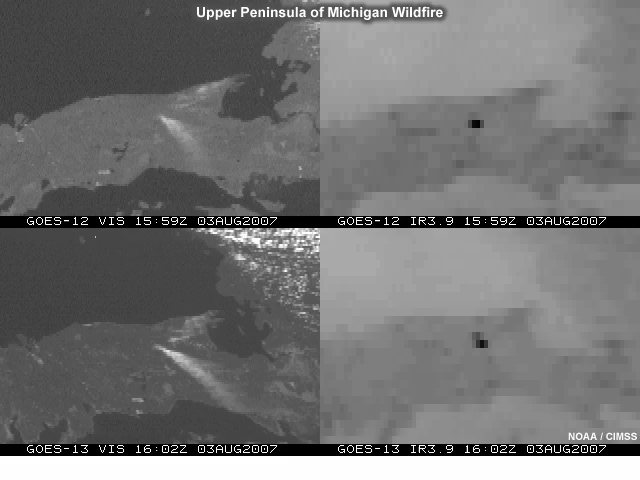 GOES-12 vs GOES-13 visible and shortwave infrared imagery comparison showing improved pixel geolocation for GOES-13 viewing a wildfire in the upper peninsula region of Michigan on August 3, 2007.