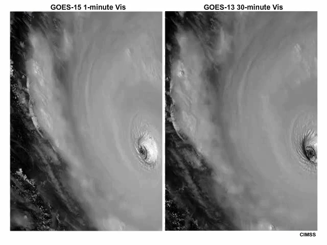 GOES-15 1-minute vs. GOES-13 30-minute visible imagery showing hurricane IGOR near maximum intensity from 1815 to 1945 UTC on September 13, 2010.