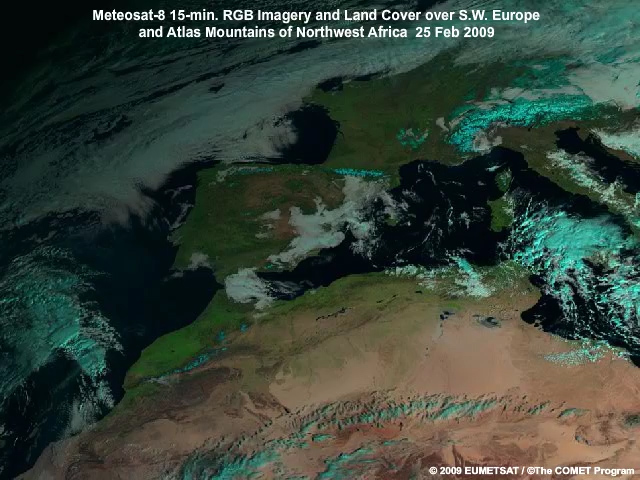 Meteosat-8 natural color RGB composite imagery showing Spain and the Atlas Mountain Range of northwest Africa as the sourthern side of the mountain range turns green due to growing vegetation from recent rainfall on 10 UTC 25 Feb 2009.