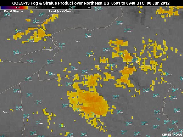 Animation of GOES-13 shortwave-longwave channel difference product (also known as the low cloud or fog product) highlighting fog development in valley regions of the northeastern United States from 05:01 to 0940 UTC on 06 June, 2012.