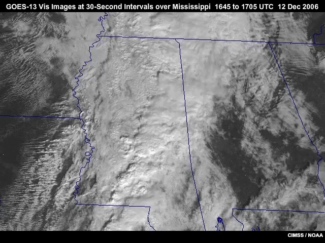 GOES-13 SRSO (Super Rapid Scan Operations) 30-second interval visible imagery showing convection over Mississippi from 16:45:16 to 17:05:52 UTC on 23 December, 2006.