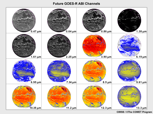 The sixteen spectral channels on the future GOES-R ABI imager showing the same scene for each channel of the full Earth disk over the eastern Pacific region simulated from numerical model data for June 26, 2008.