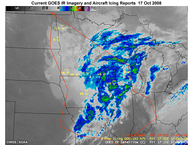 A GOES-12 infrared window channel image with icing AIRMET boundaries and PIREP aircraft icing reports overlain, for 0945 to 1731 UTC on October 17, 2008.