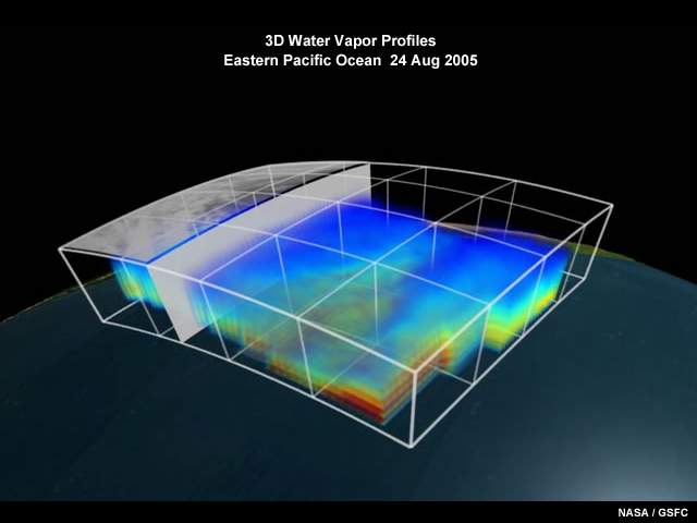 Three dimensional view of water vapor profiles constructed from the NASA AIRS hyperspectral sounder taken on 24 August, 2005.