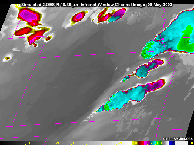 A simulated GOES-R 10.35 micrometer infrared window channel image for 2325 UTC on May 8, 2003.  Image shows multiple mature thunderstorms with overshooting tops and "enhanced V" signatures indicating the potential for severe thunderstorm conditions.