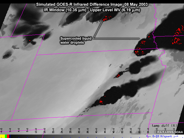 A simulated GOES-R difference image of the 10.35 and 6.19 micrometer infrared channels for 2325 UTC on May 8, 2003.  Image shows multiple mature thunderstorms with overshooting tops and areas where cloud tops contain supercooled liquid water droplets (red coloring).