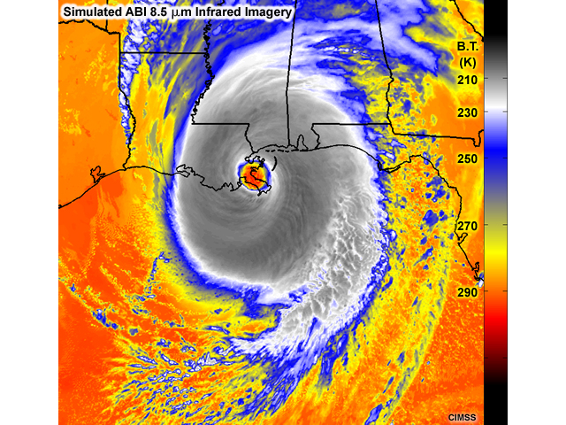 Simulated GOES-R Advanced Baseline Imager (ABI) 8.5 micrometer infrared ch. 11 image of hurricane Katrina as it is making landfall in southeast Louisiana on 29 August 2005.