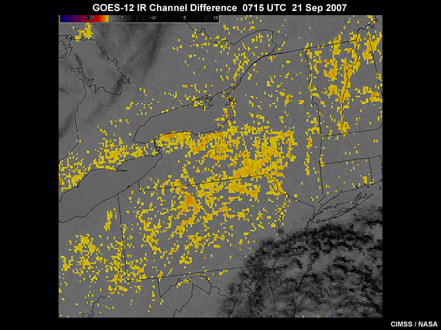 GOES-12 10.7 minus 3.9 micrometer channel difference product showing valley fog image over the Northeast U.S. at 07:15 UTC on September 21, 2007.