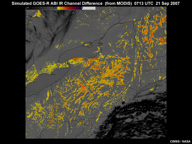 Simulated GOES-R 3.7 minus 11 micrometer channel difference product (from Aqua MODIS) showing nighttime valley fog over the Northeast U.S. at 07:13 UTC on September 21, 2007.