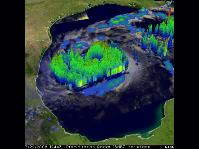 Satellite derived data showing Hurricane Dolly over the Gulf of Mexico nearing the Texas Coast.  The 15dBZ isosurface is outlined three-dimensionally showing the different areas of the storm where the reflectivity is large, really emphasizing the structure of the storm.