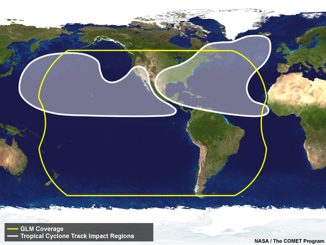 GOES view of Geostationary Lightning Mapper (GLM) coverage and hurricane impact areas.
