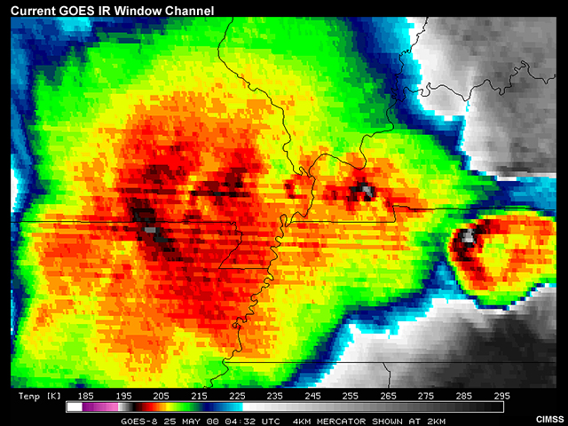 A GOES-8 infrared window channel image at 4km spatial resolution taken over a thunderstorm complex in the Midwest U.S. on May 25, 2000.