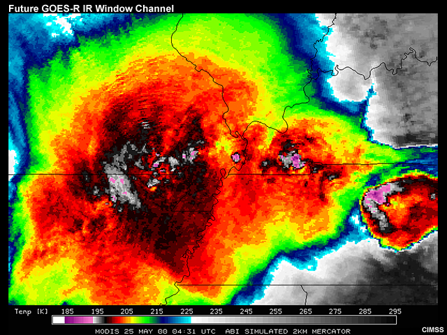 A Simulated GOES-R ABI infrared window channel image showing improved 2km spatial resolution (compared to current GOES 8-15) taken over a thunderstorm complex in the Midwest U.S. on May 25, 2000.