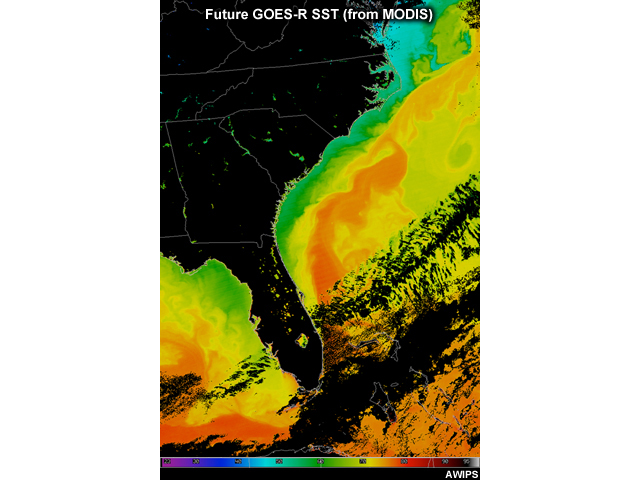 MODIS sea surface temperature imagery over the East Coast of the United States from February 10, 2008.  The Gulf stream is extremely detailed showing gyres and swirls.