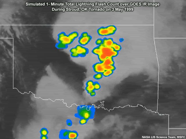 Simulated Geostationary Lightning Mapper data overlaid on an infrared satellite image of the thunderstorm that produced the Stroud, OK tornado.